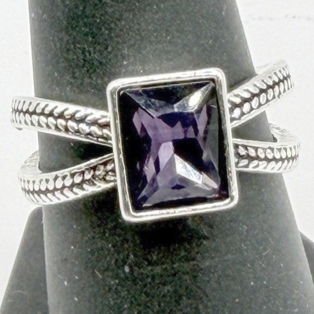 New Purple Glass Ring Stainless Steel Double Band Ring Size 8.75 - Picture 3 of 5